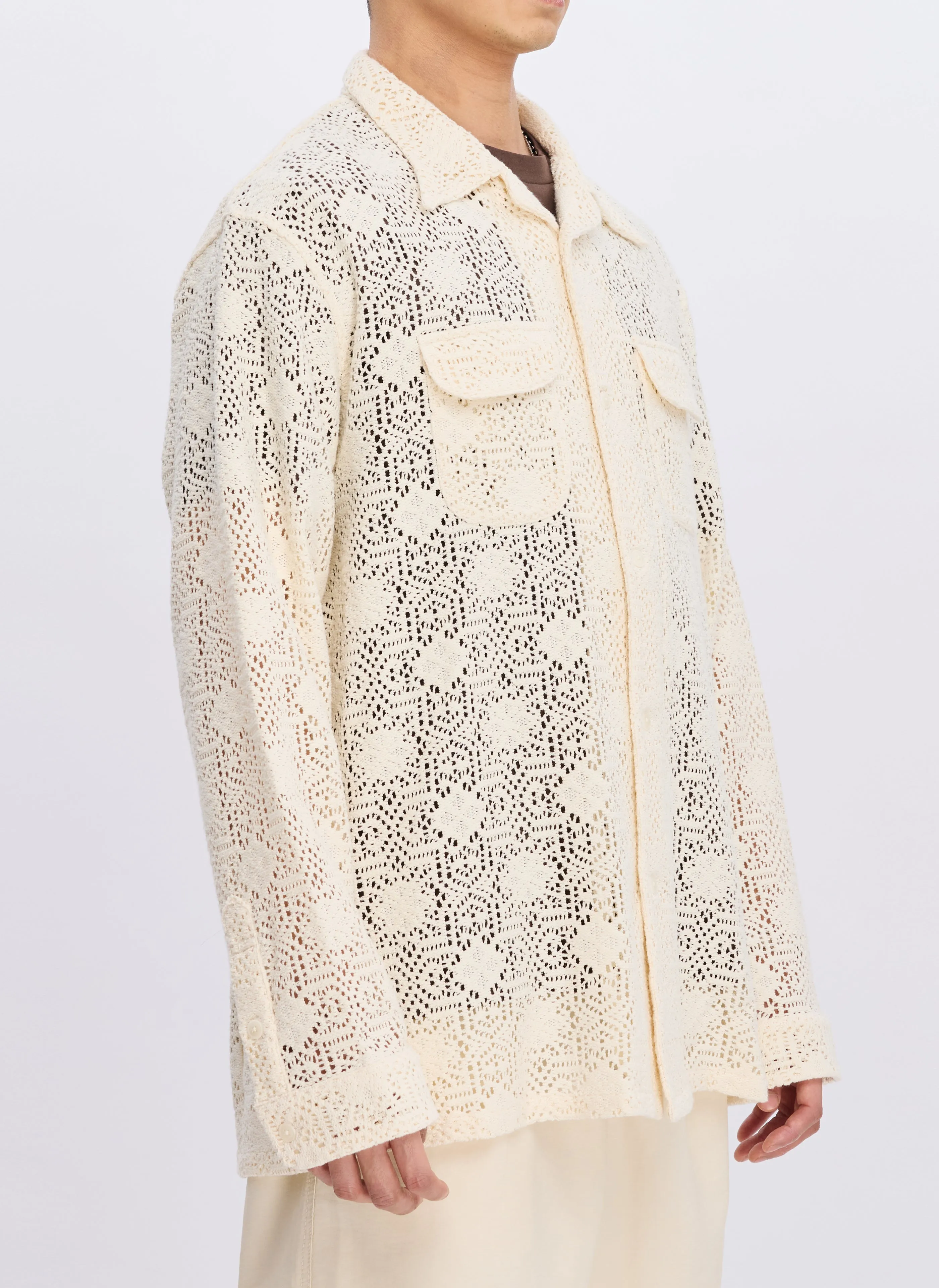 Cotton Lace Long Sleeve Open Collar Shirt
