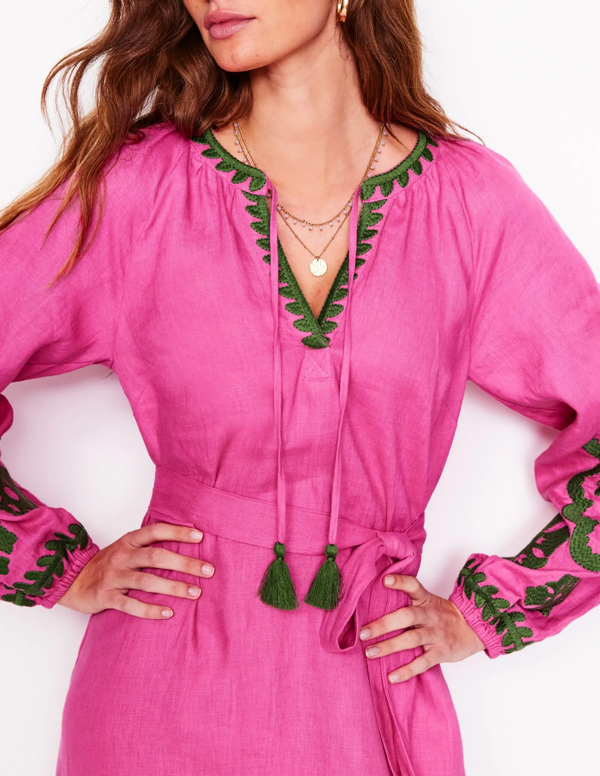 Embroidered Linen Tassel Dress-Sorbet Pink