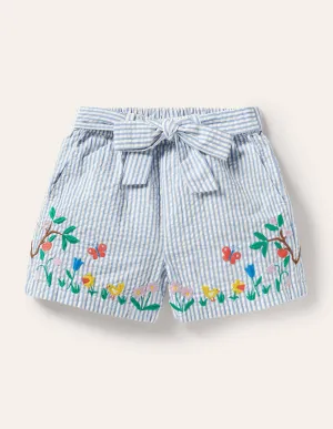 Embroidered Tie-waist Shorts-Bright Bluebell Ticking