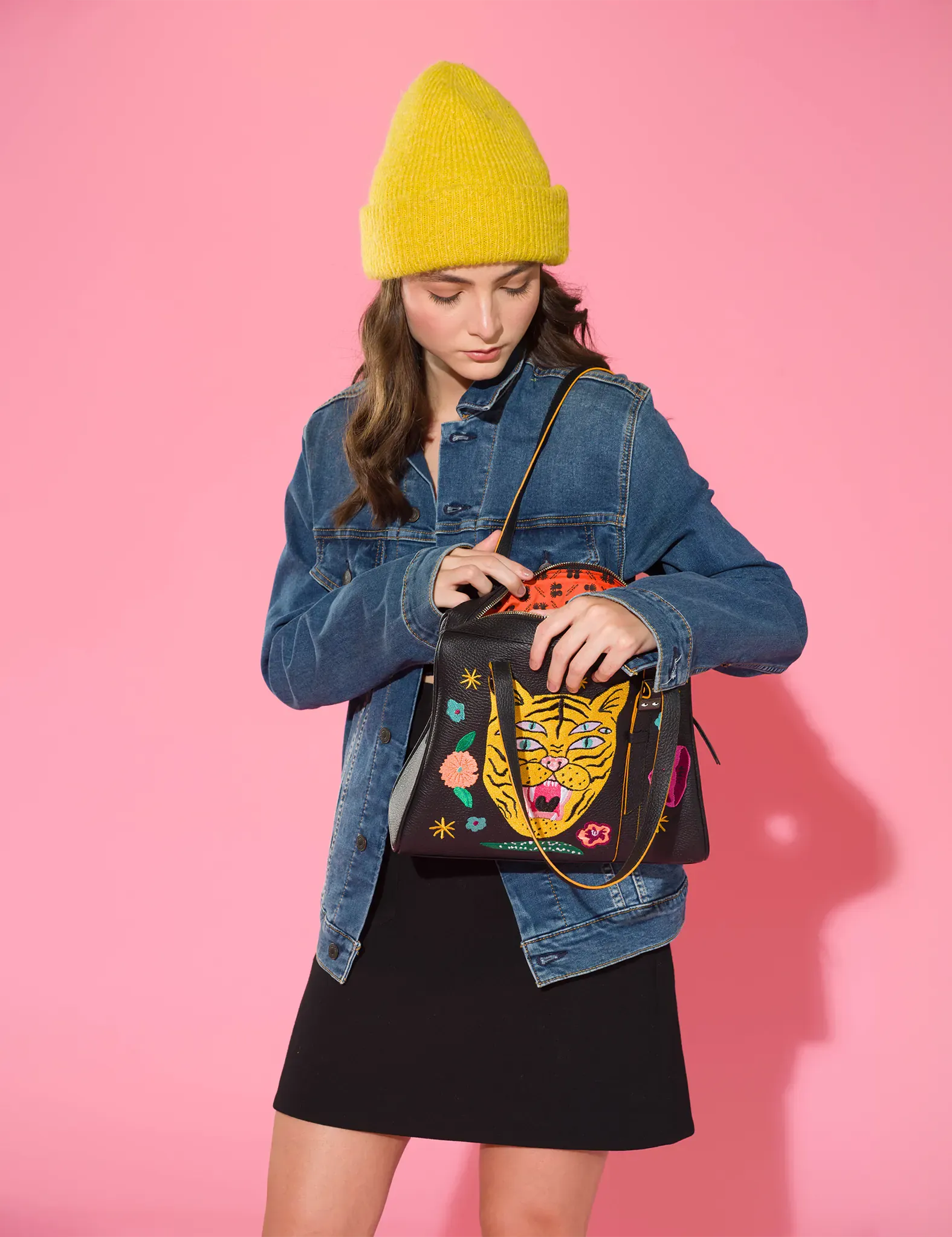 Esther Black Satchel Bag - Tiger and Flowers Embroidery
