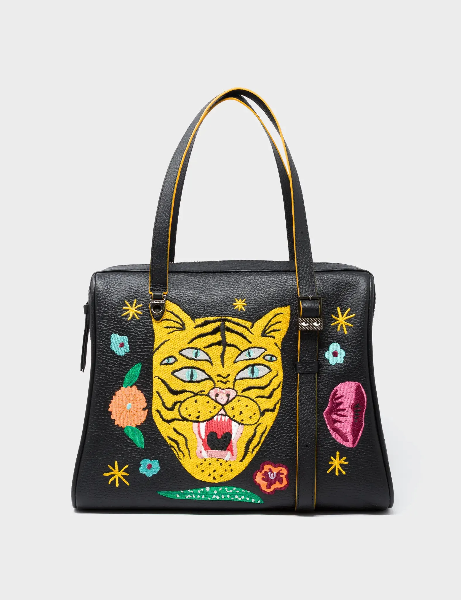 Esther Black Satchel Bag - Tiger and Flowers Embroidery
