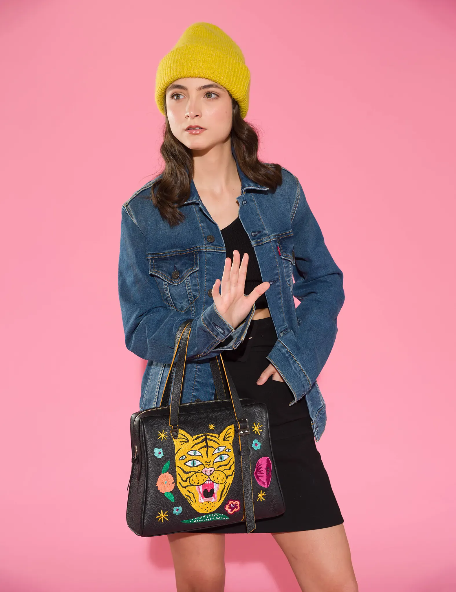 Esther Black Satchel Bag - Tiger and Flowers Embroidery