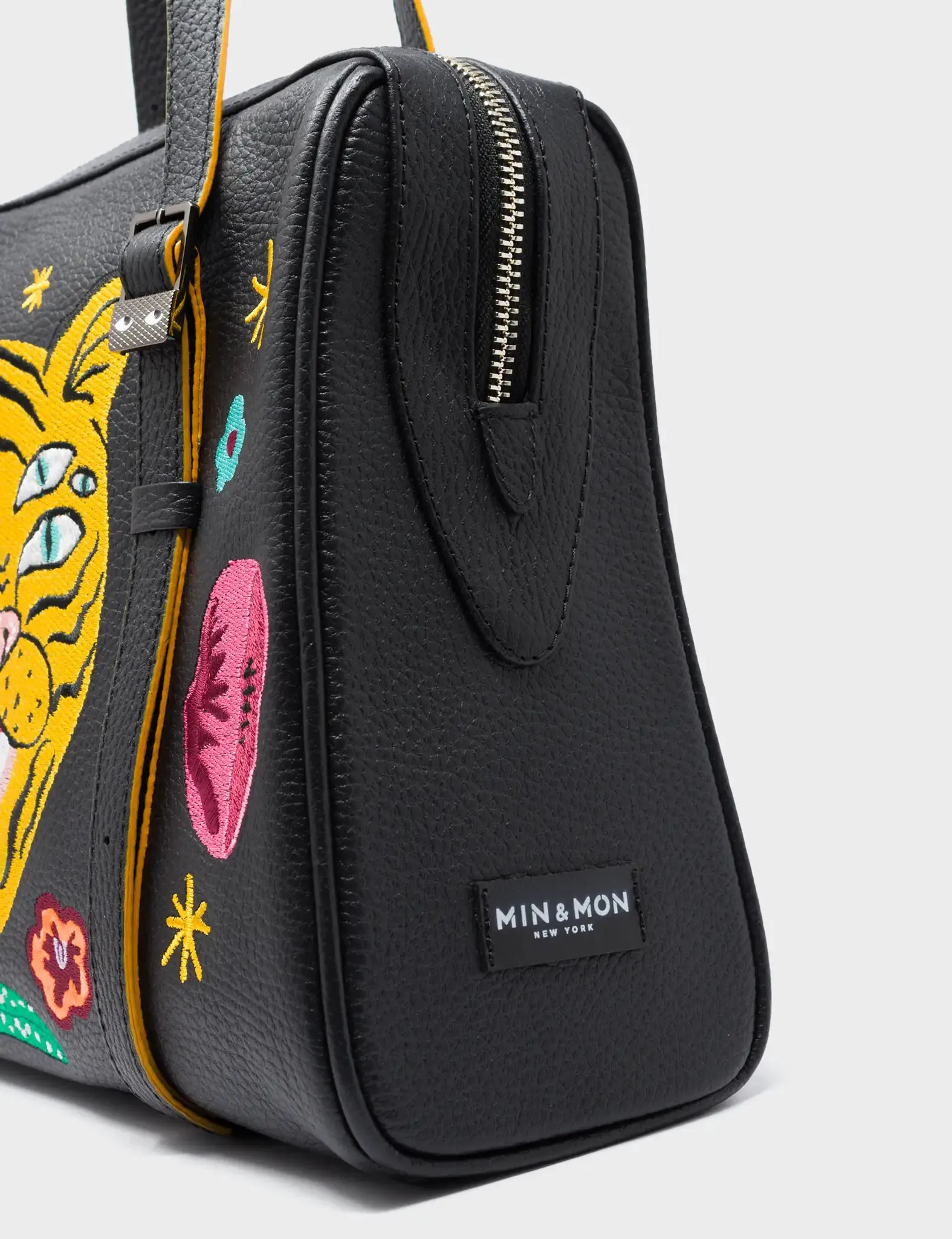 Esther Black Satchel Bag - Tiger and Flowers Embroidery