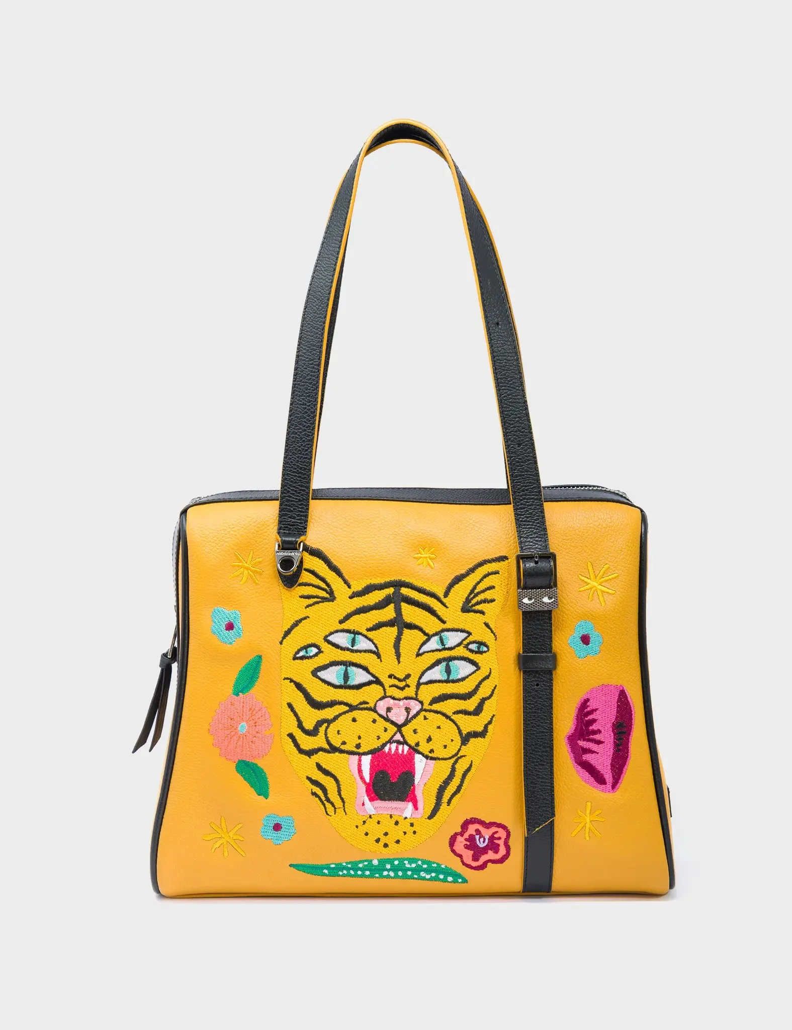 Esther Golden Glow Satchel Bag - Tiger and Flowers Embroidery