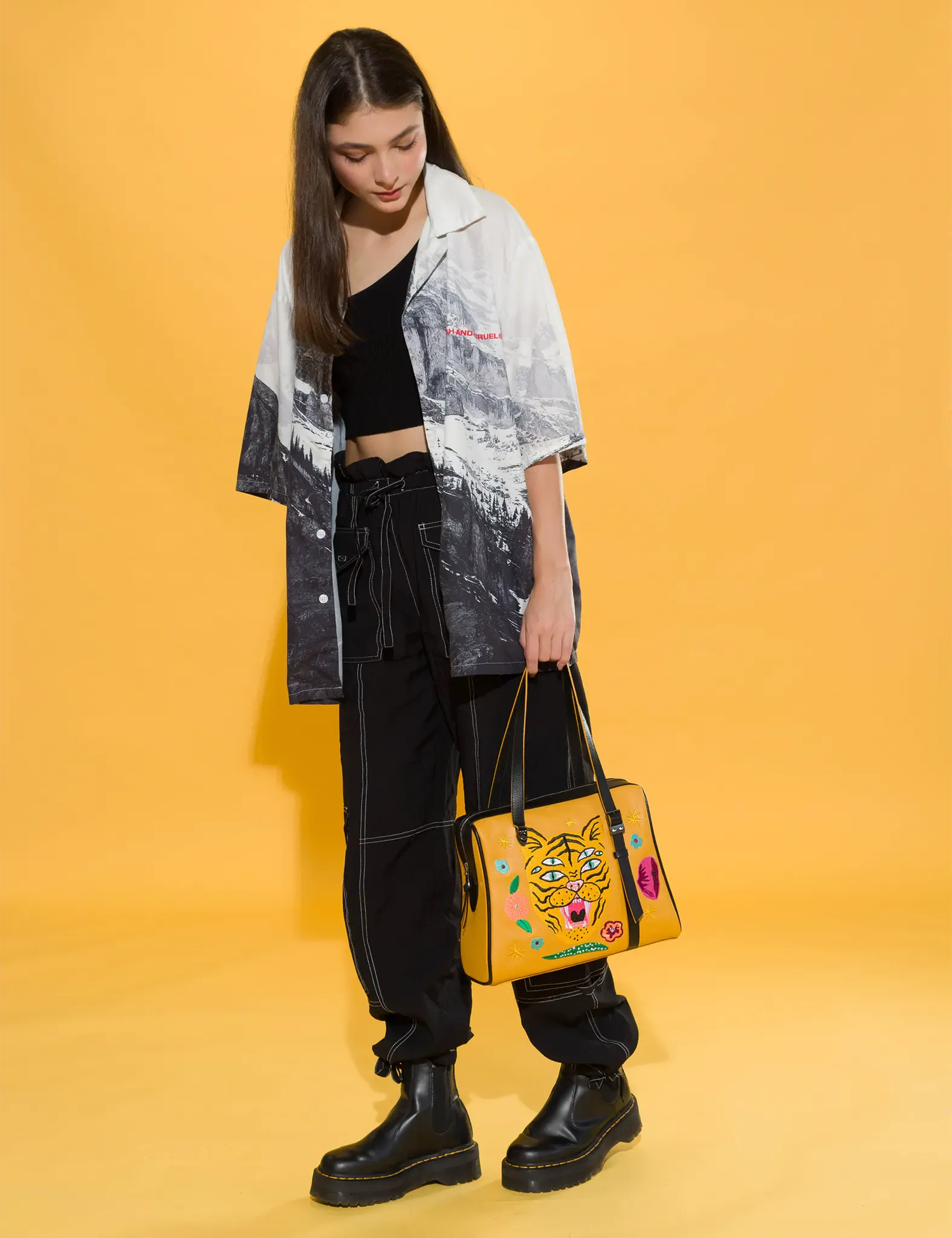 Esther Golden Glow Satchel Bag - Tiger and Flowers Embroidery
