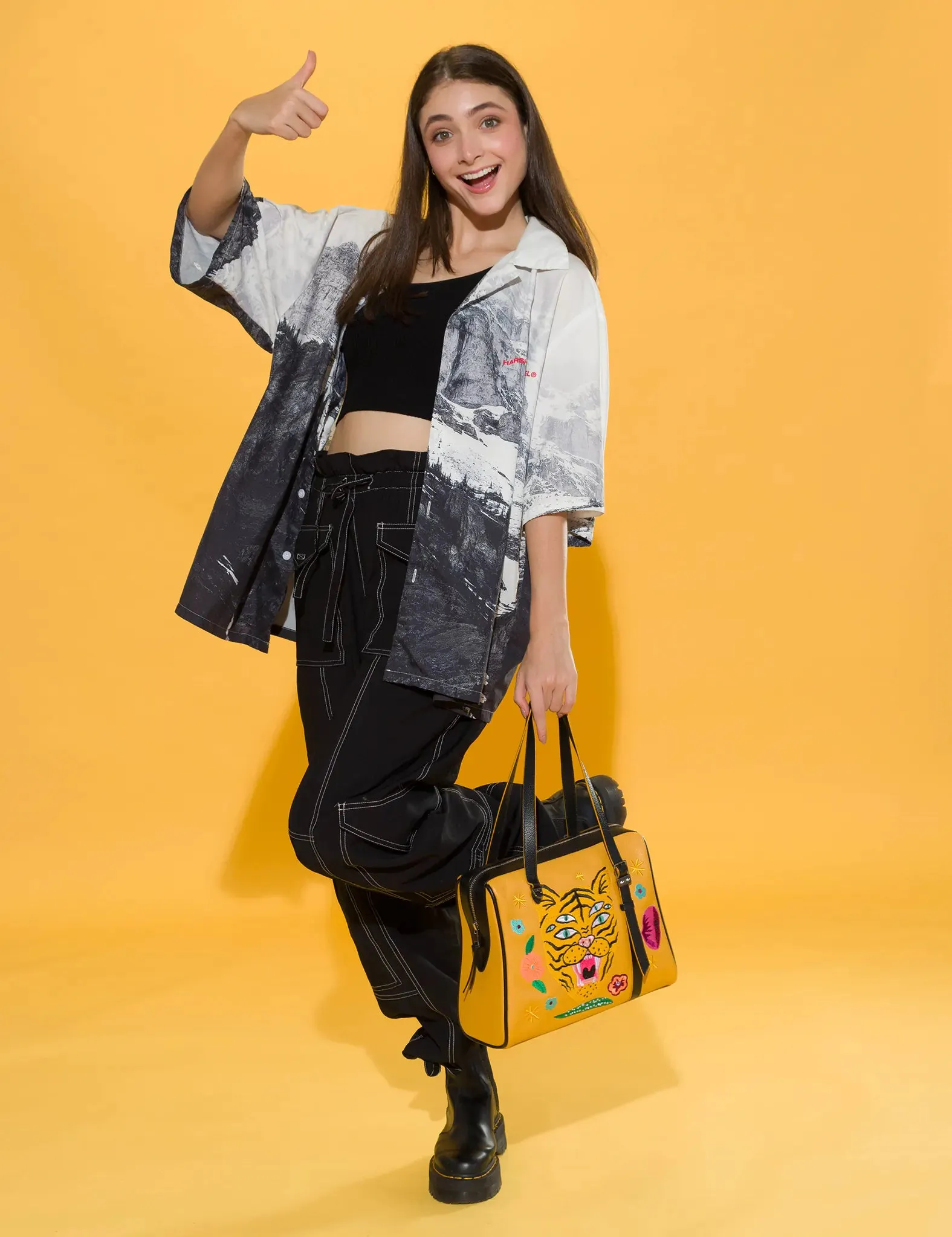 Esther Golden Glow Satchel Bag - Tiger and Flowers Embroidery