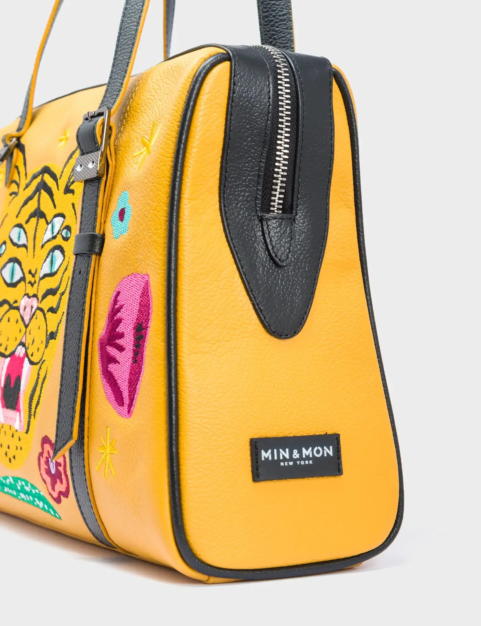 Esther Golden Glow Satchel Bag - Tiger and Flowers Embroidery