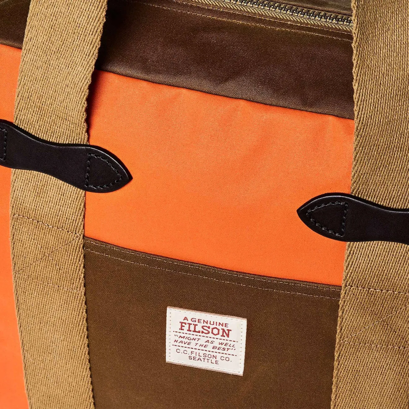 Filson Tin Cloth Tote Bag With Zipper Dark Tan / Flame