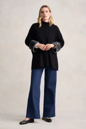 Leopard Faux Fur Trim Poncho - Black Leopard