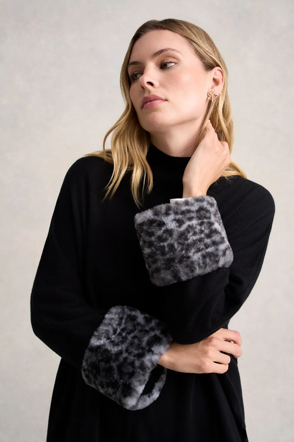 Leopard Faux Fur Trim Poncho - Black Leopard