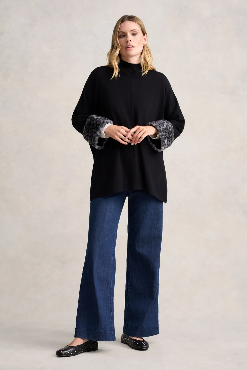 Leopard Faux Fur Trim Poncho - Black Leopard