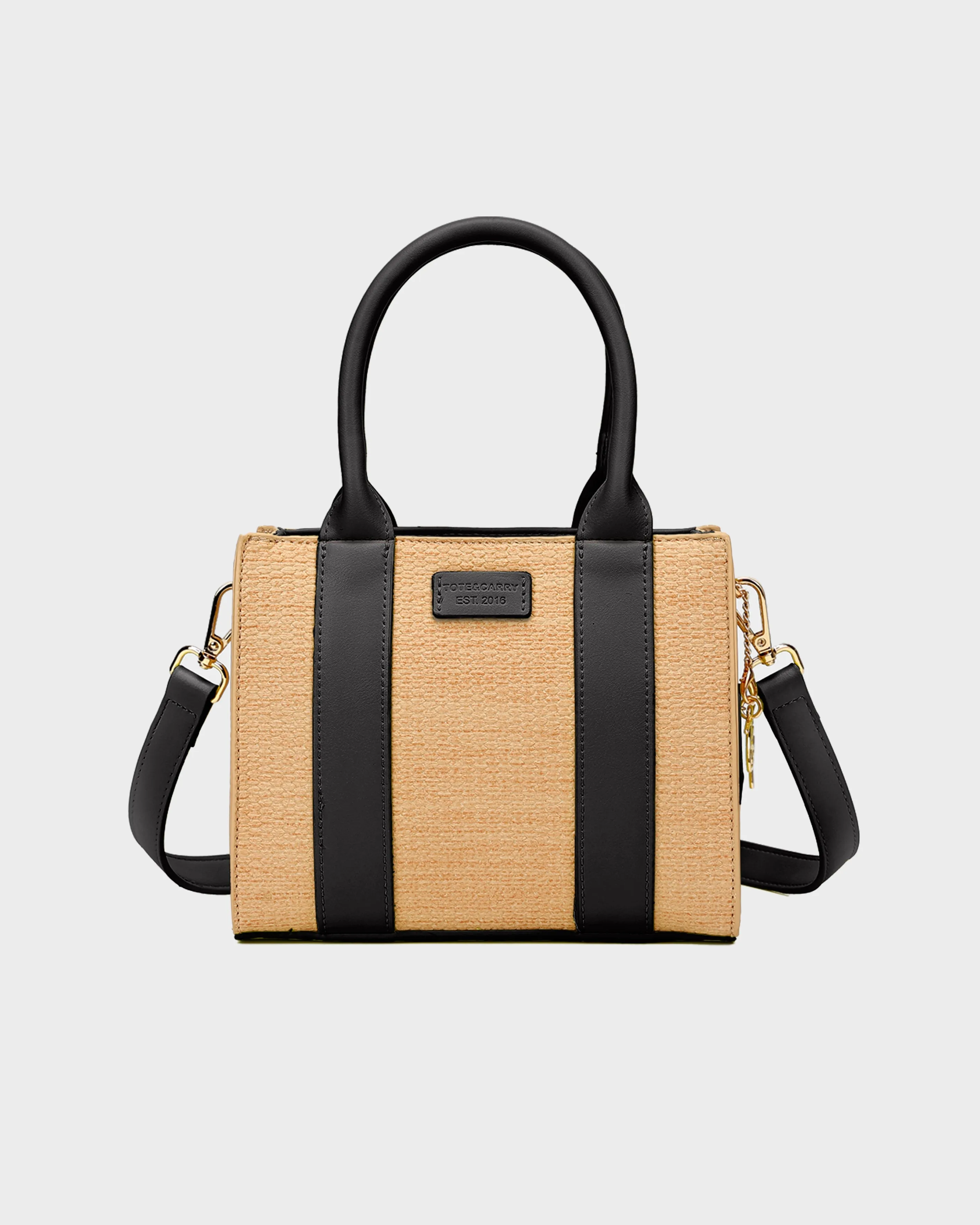 Pebble Leather Mini Tote Bag in Black & Beige