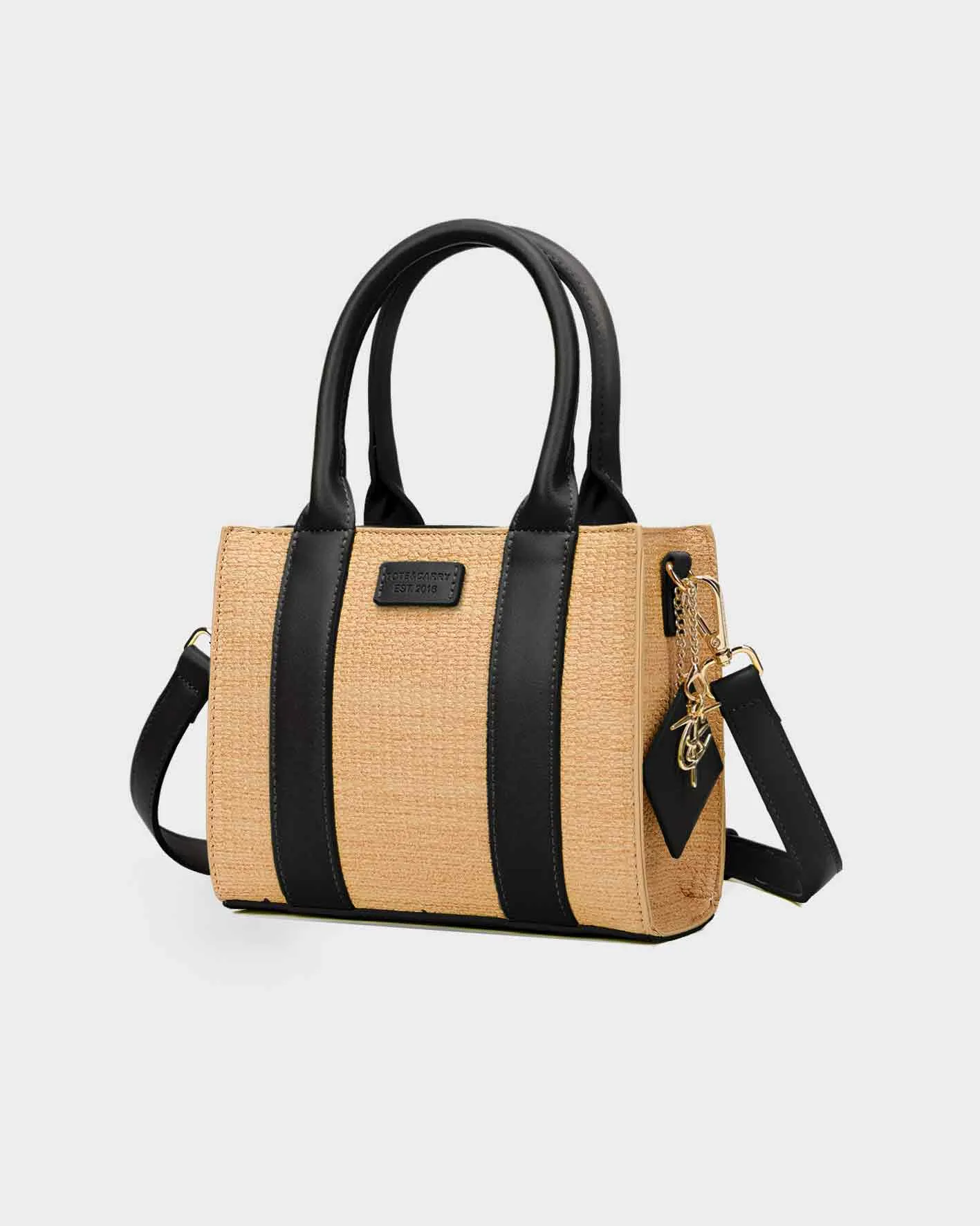 Pebble Leather Mini Tote Bag in Black & Beige