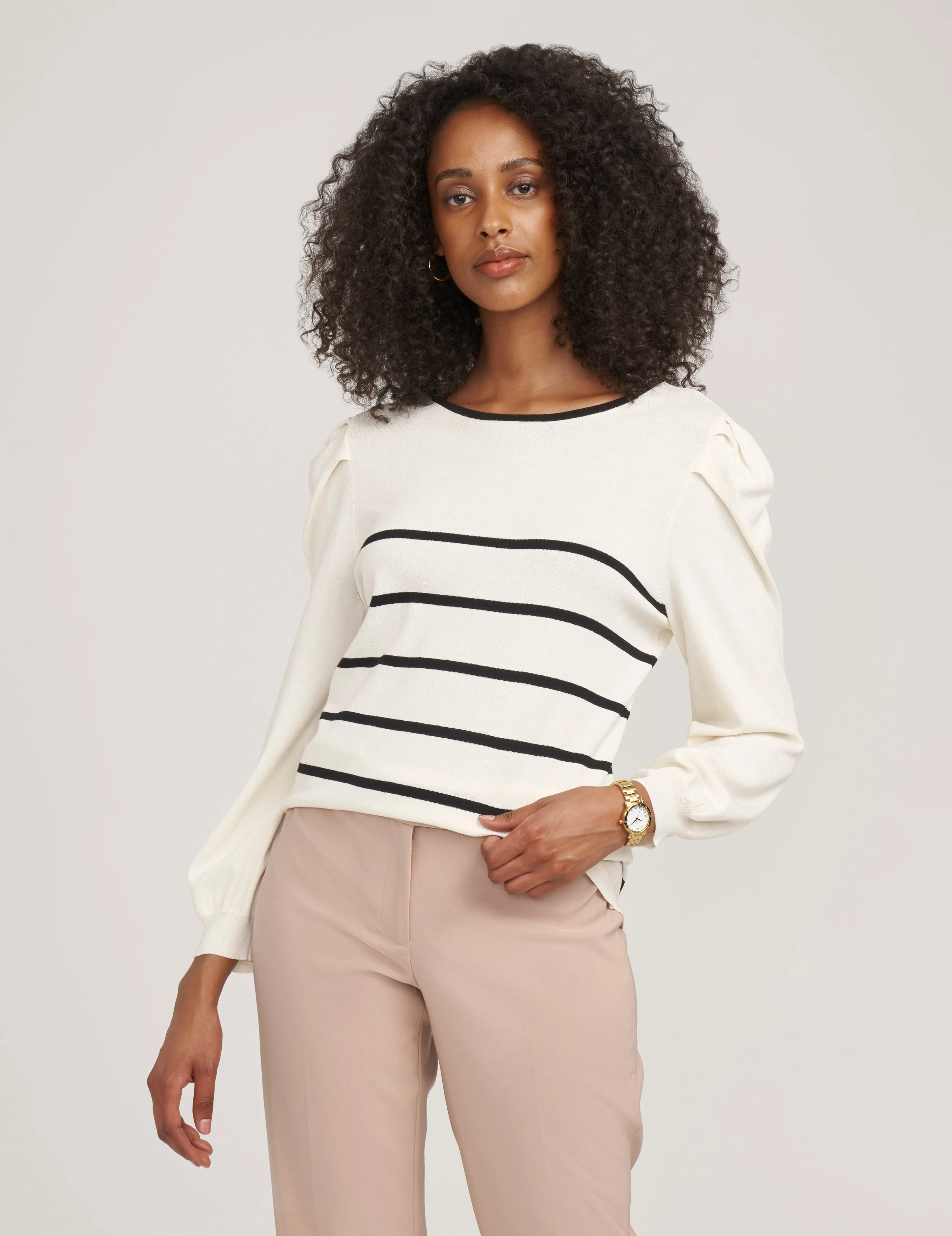 Puff Sleeve Crew Neck With Stripes- Sale